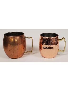 2 Copper Moscow Mule Mugs - Hammered Absolut Vodka + Plain Brass Handle